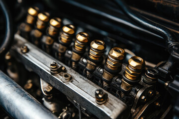 A close up of car engines spark plugs and ignition system, showcasing intricate details