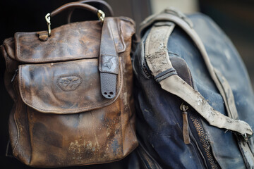 A close up of designer handbag next to tattered backpack, showcasing contrasting styles