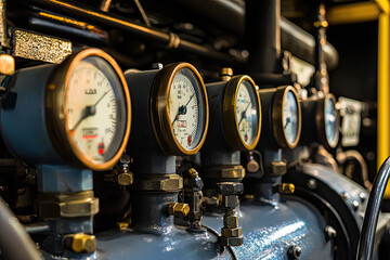 Fototapeta premium A close up of diesel engine showcasing detailed pipes and gauges