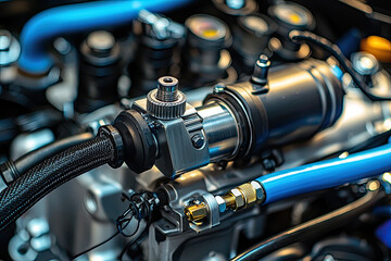 Fototapeta premium A close up of fuel injector on modern engine, showcasing intricate details and precision