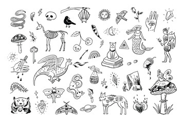Mystical tale halloween illustrations line set.