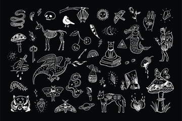 Mystical tale halloween illustrations line set.