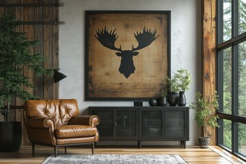Minimalist Scandinavian Living Room: Modern Design with Moose Silhouette Poster