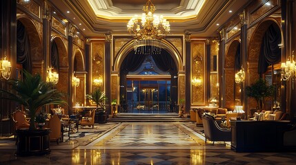 Obraz premium Softly lit hotel lobby offering a romantic and luxurious setting.