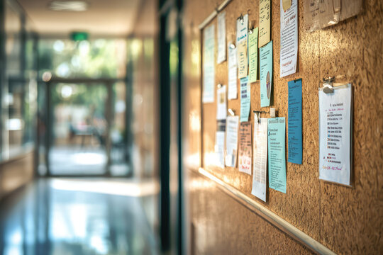 A close up of notice board filled with colorful announcements in hallway