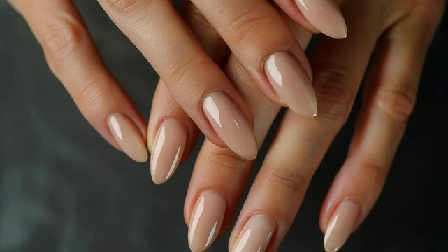 Nude nail manicure close-up on a gray background
