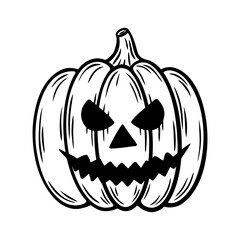Spooky Halloween pumpkin illustration in line art style. Laughing Jack o lantern graphic monochrome drawing. Hand drawn outline sketch, engraved illustration. For coloring book, invitation, decoration