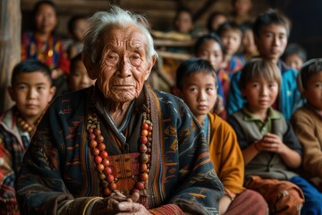 Fototapeta premium Woman sitting in front of a group of children
