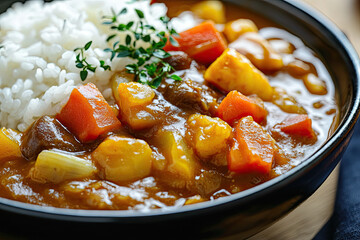 A delicious close up of Japanese curry rice with vegetables, showcasing vibrant colors and textures