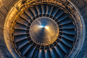Fototapeta premium A close up of jet engine showcasing intricate turbine blades and metallic details