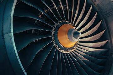 A close up of jet engine showcasing turbine blades and intricate details