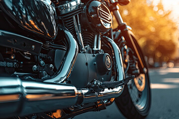 Fototapeta premium A close up of motorcycle engine showcasing intricate details and chrome finish