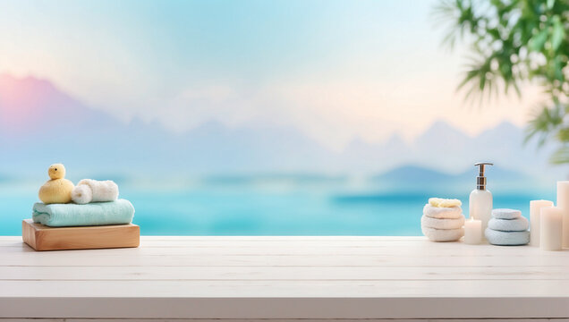 The empty white wooden table top with blur background of baby spa. For product display