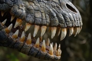 Fototapeta premium A close up of Suchomimus showcasing its long jaws and sharp teeth, evoking sense of prehistoric power