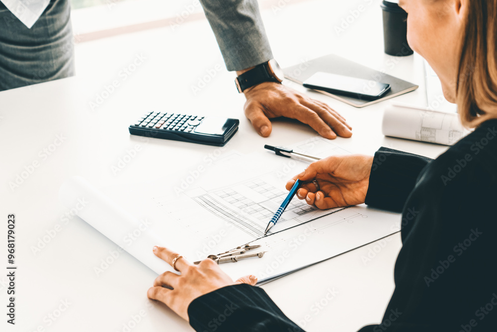 Poster architect and engineer working with construction drawing project on table in office. architecture an