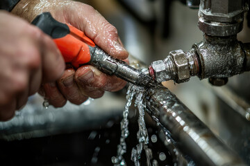 Cleaning water pipe with tools, showcasing flow of water and effort