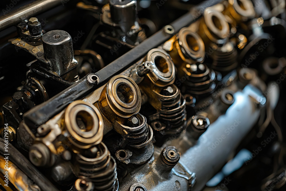 Poster Close up of an engine block showcasing various components and details