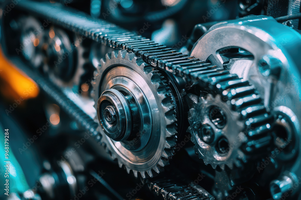 Poster a close up of an engine timing belt and gears showcasing intricate details