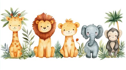 Fototapeta premium Watercolor safari animals including lions, giraffes, elephants, and monkeys with tropical leaves. Ideal for children's room decor, educational projects, or jungle-themed marketing with ample copyspace