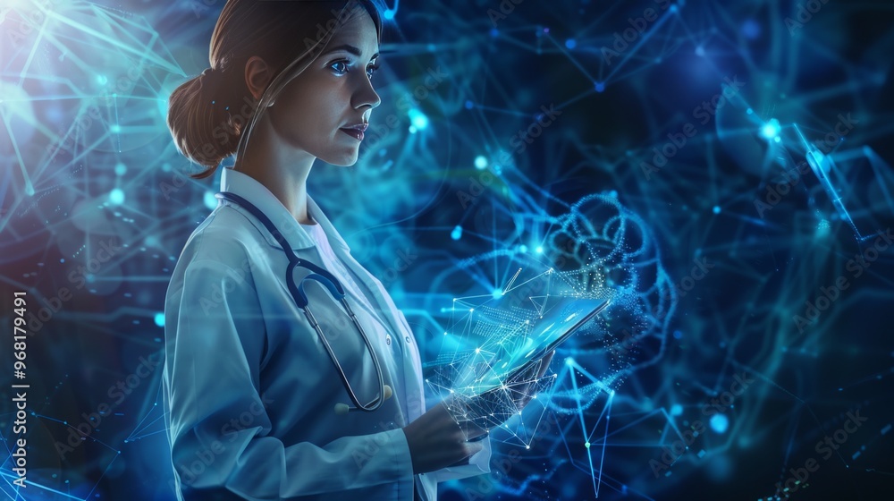 Poster artificial intelligence scientist utilizes hightech holographic interface in a futuristic digital wo