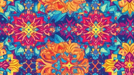 Abstract colorful seamless pattern featuring intricate interconnected ornamental stars and a detailed square grid perfect for various fabrics prints or creative applications in vibrant hues