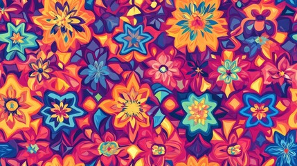 Abstract colorful seamless pattern featuring intricately interconnected stars and flowers perfect for various fabric designs prints or creative projects rendered in high resolution with vibrant co
