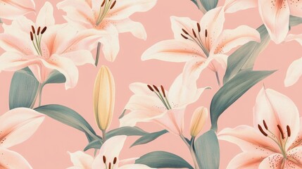 A seamless floral pattern featuring light pink lilies on a pink background