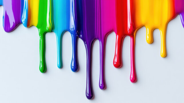 Colorful paint is dripping down a white background, creating an abstract and artistic visual
