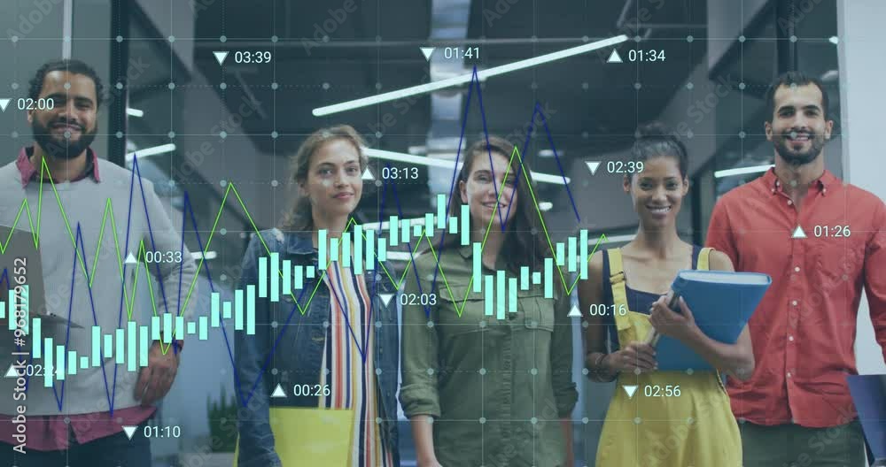 Poster animation of data processing and diagrams over diverse colleagues in office