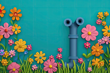 Colorful illustration of water pipe surrounded by vibrant flowers
