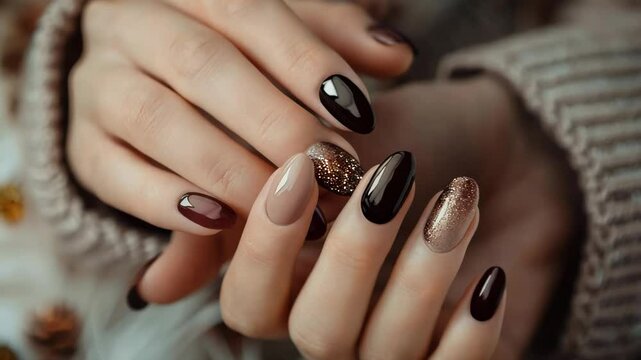 Hands with a brown and beige manicure