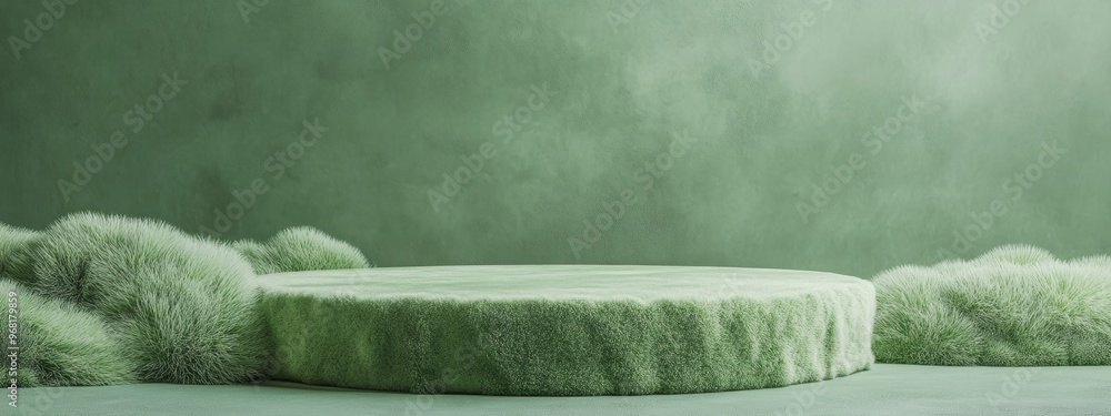 Aufkleber pastel green podium with a moss texture against a matching green backdrop, creating an earthy autumn