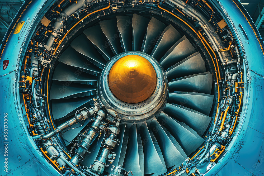 Poster a detailed view of an aircraft engine showcasing its intricate design and powerful components