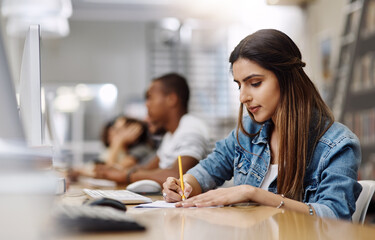 Education, writing and woman with books in library, thinking and ideas for learning, studying and university. Scholarship, student and contemplating for knowledge, table and Indian person in college