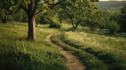 Fototapeta premium A dirt path winds through a field with green trees, providing empty space.
