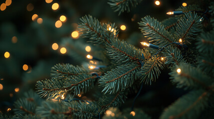 Close Up Pine Tree Christmas Lights 