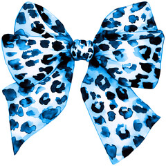 Blue Leopard Print Watercolor Bow PNG, Cheetah Bow Clipart