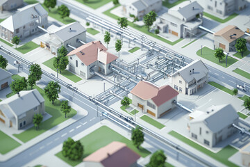 A detailed diagram of water pipe network in residential area, showcasing homes and infrastructure