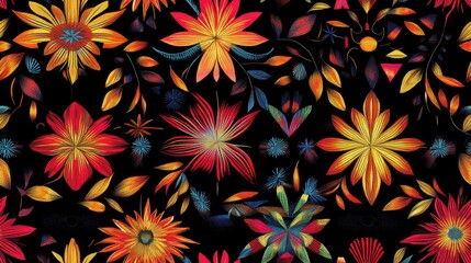 A stunning all over embroidered design featuring geometric motifs set against a black background for digital and textile printing on fabric