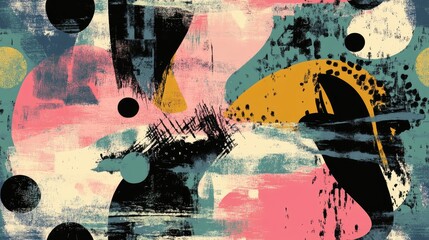 Abstract Digital Artwork Featuring Hand Drawn Geometric Shapes Brush Strokes Dots Circles and Stains in a Seamless Camouflage Pattern with a Vintage Texture