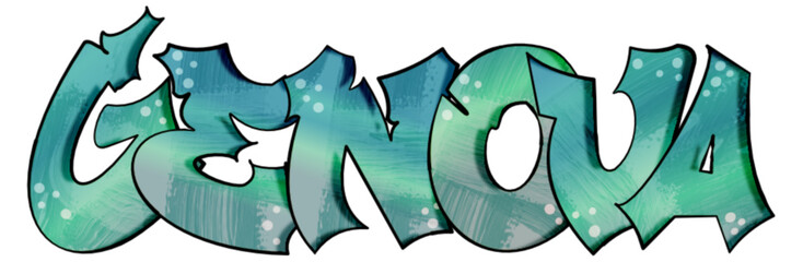 Genova  - city ​​name -word - Vector Graphics - green and blue graffiti on the wall - street art - for websites, presentations, greetings, banners, cards, t-shirt, sweatshirt, Sublimation,	