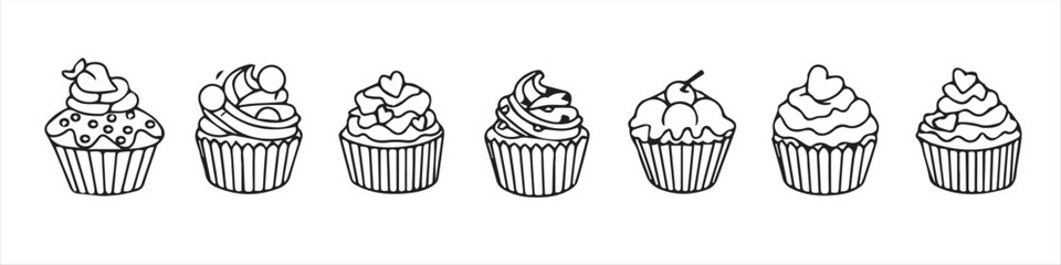 cupcake doodle sticker painted with a bright colored line. children's sticker for the design of postcards, T-shirts, notebooks, paintings, wallpapers, cafe design, menu, invitation, banner, restaurant