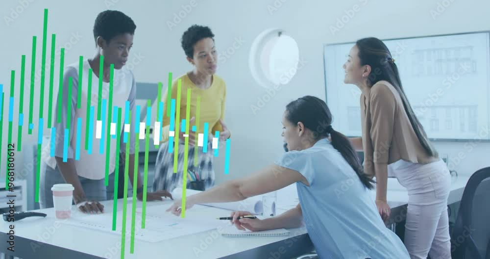 Poster animation of data processing and diagrams over diverse colleagues discussing work in office