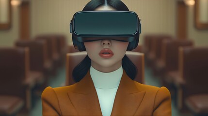 Businesswoman wearing a vr headset is immersed in a virtual reality experience, possibly exploring the metaverse in a professional setting