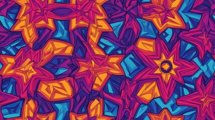 Abstract colorful seamless pattern featuring intricate interconnected ornamental stars and a detailed square grid perfect for various fabrics prints or creative applications in vibrant hues