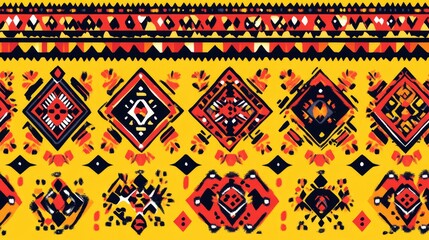 Abstract ethnic patterns featuring tribal and folk embroidery on a vibrant yellow background ideal for geometric art jewelry design and applications in textiles apparel carpets wallpaper wraps cove