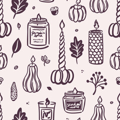Seamless pattern of hand-drawn pumpkin and scented candles and leaves on a beige background. Autumn and cozy home decor. Hygge concept. Fall vector design for textile, wallpaper, wrapping paper.