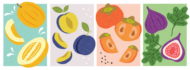 A beautiful collection of hand made, colorful fruit: yellow melon, prunes and persimmon. Vector illustration. Perfect for print or digital.