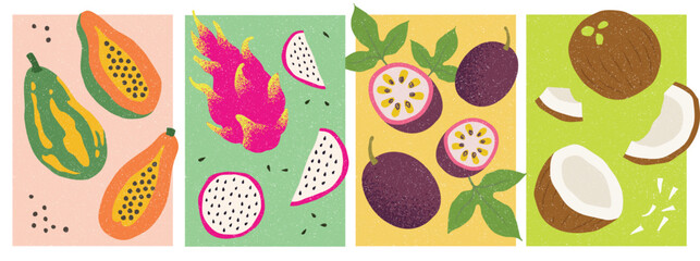 Tropical fruit Illustrations: papaya, dragon fruit and passion fruit. 