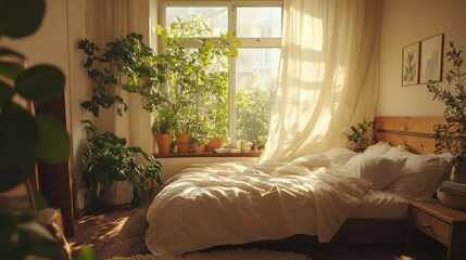 Sunlight Streaming Through a Window into a Bedroom